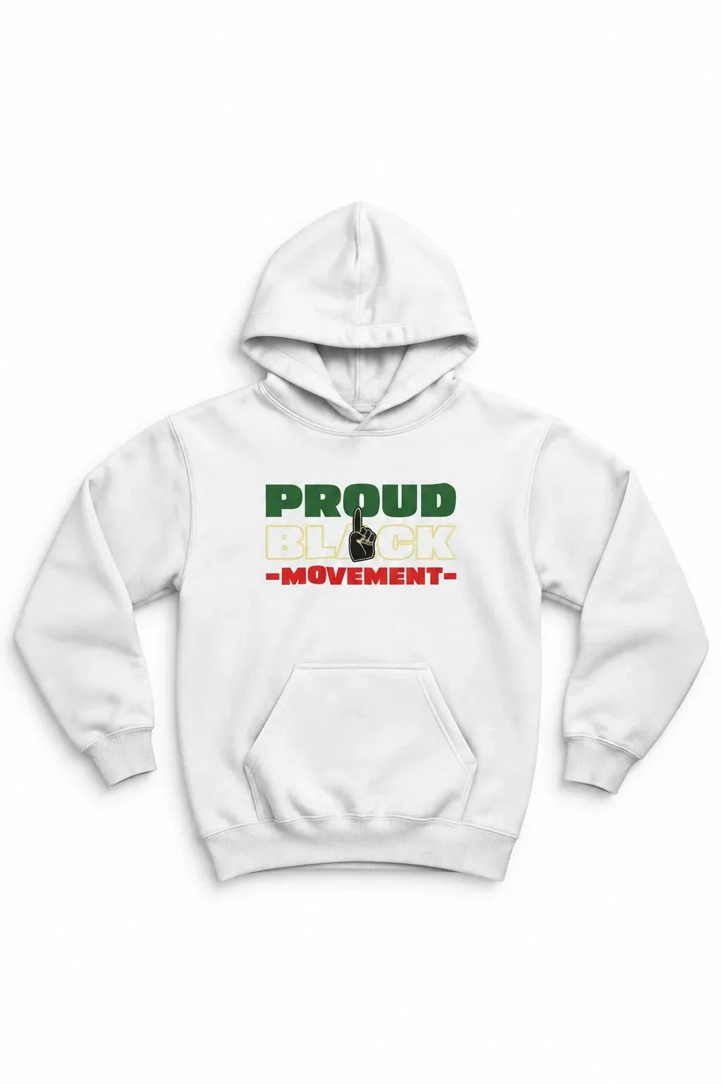 A white pullover hoodie featuring a graphic print on the chest that reads 'PROUD BLACK MOVEMENT' in green, yellow, and red, with a central black-and-white paw print logo.